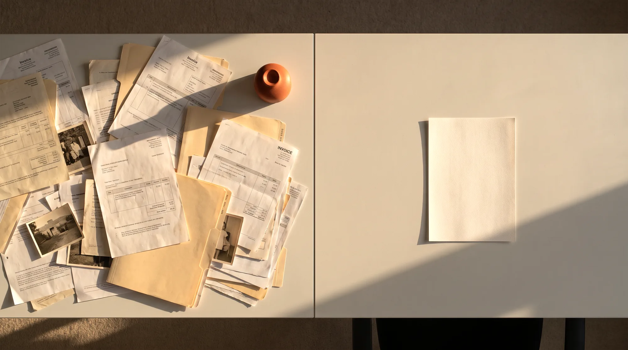 Vue de dessus d'un long plan de travail : à gauche un amoncellement de factures et de dossiers, à droite une seule feuille posée dans l'espace libre.