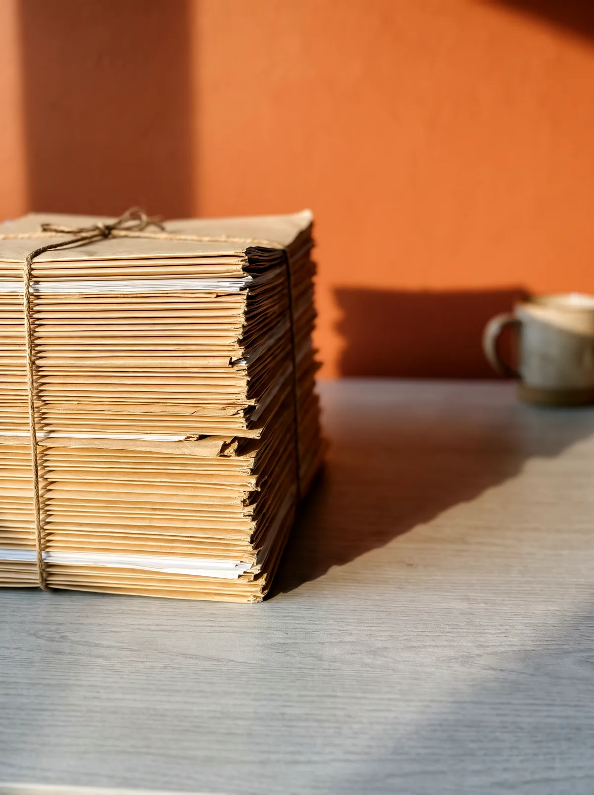 Une pile haute de dossiers en papier kraft, ficelée, posée sur un plan de travail clair, dans la lumière rasante de fin d'après-midi.
