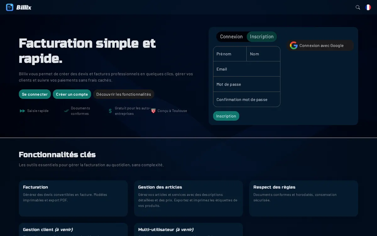 La page d'accueil de Billix, outil de devis et de factures écrit par Imay