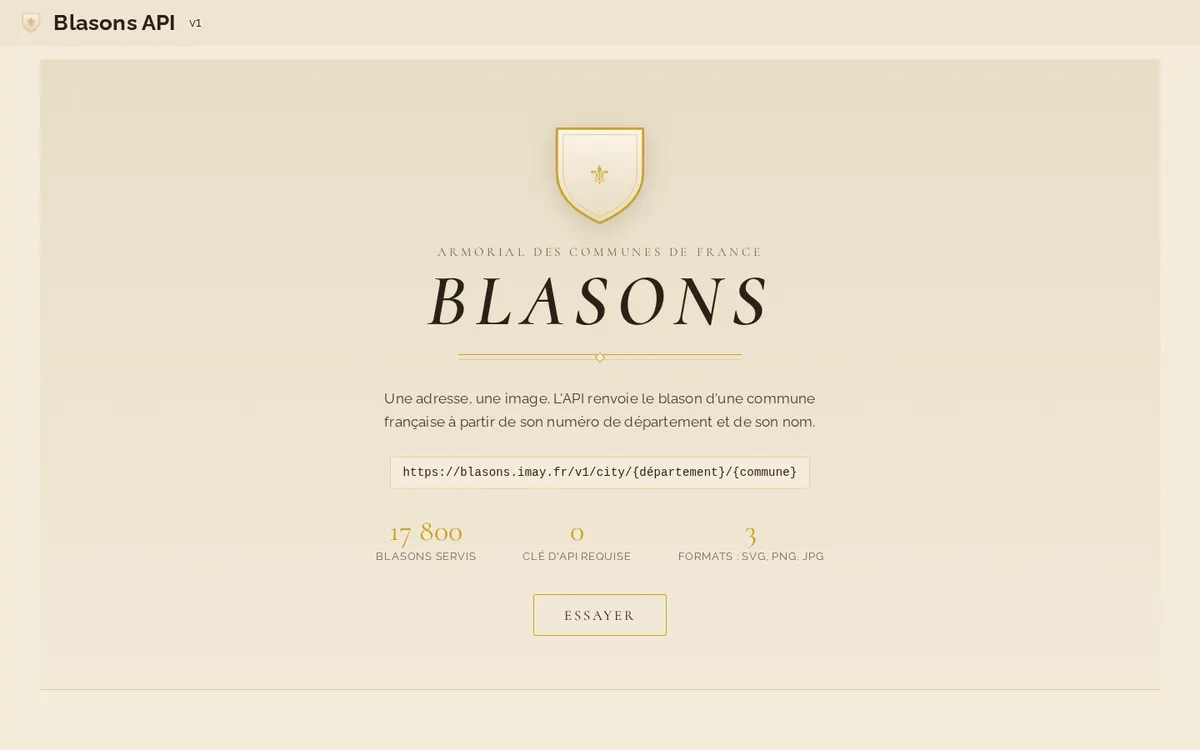 La page d'accueil de l'API héraldique Blasons